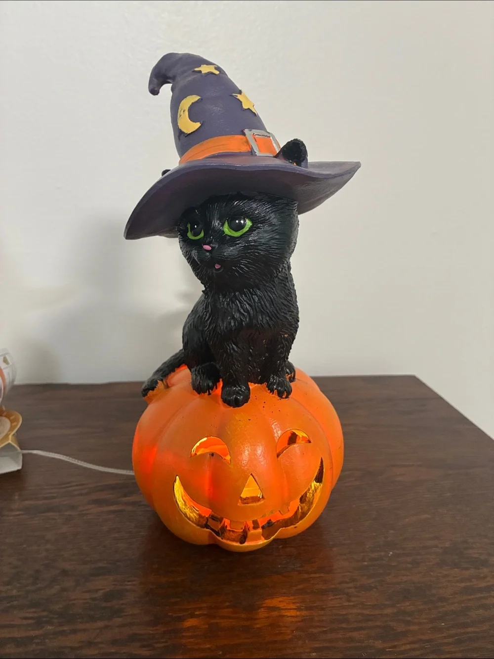 NWT- Black Cat w/ Purple Witch Hat on an LED Light Up Jack-o-lantern Pumpkin